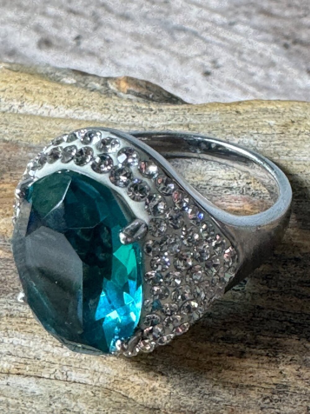 Sterling Silver Teal Blue Glass CZ Halo Statement Ring Women Size 9 10.88g - Picture 7 of 7